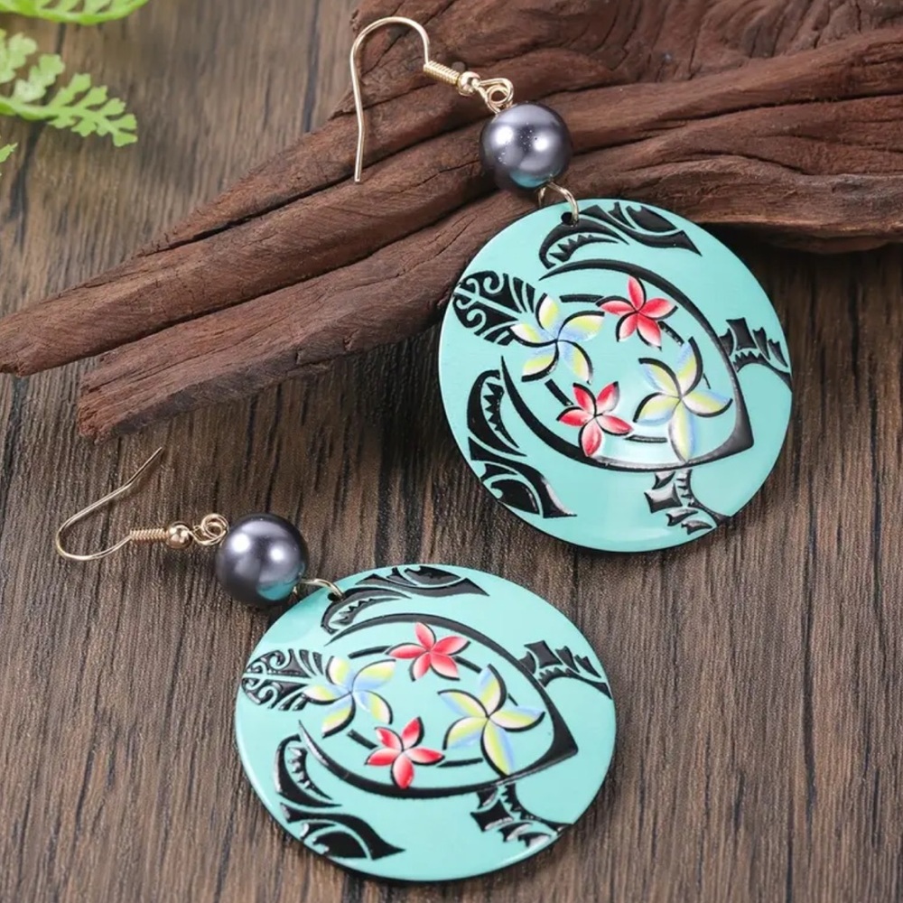 🐢 New! Ocean Sea Turtle Floral Hawaiian Style Dangle Earrings w Gift Bag